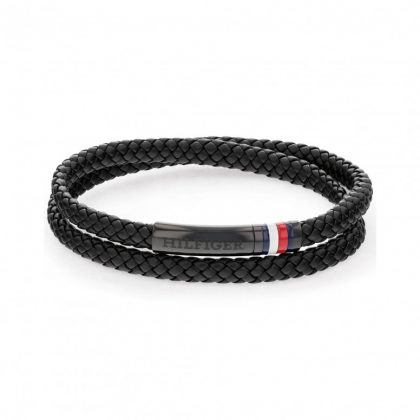 Pulsera Tommy Hiflgier Cuero Trenzado Negro y Acero Inoxidable Hombre 2790552