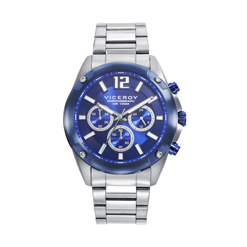 Reloj caja de acero con bisel Ip azul 10 atm y brazalete de acero con movimiento cuarzo