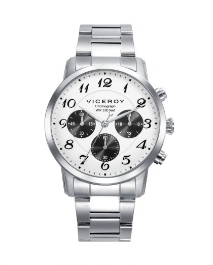 Reloj de acero con esfera blanca y cronógrafo en negro