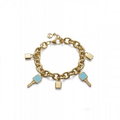 Pulsera Viceroy Chic dorada con con eslabones y abalorios de llave con esmalte azul y candados