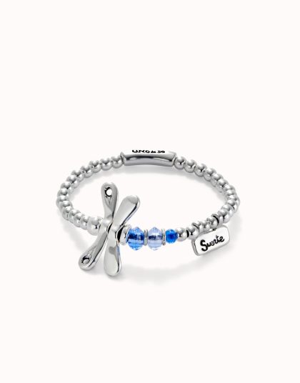 Pulsera elastica con libélula bañada en plata de ley con cristales azules