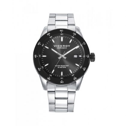 Reloj caja de acero con bisel cerámico negro 5 atm y brazalete acero con movimiento cuarzo