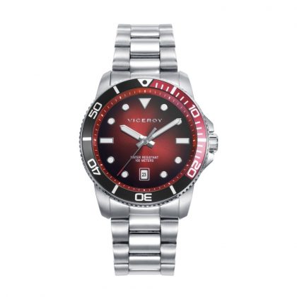 RELOJ CAJA DE ACERO CON BISEL DE ALUMINO BICOLOR EN ROJO Y NEGRO, 10 ATM, BRAZALETE DE ACERO, MOVIMIENTO CUARZO