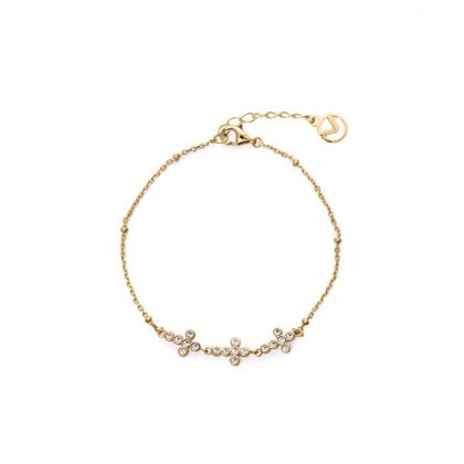 Pulsera plata de primera ley con baño de oro, con tres cruces con circonitas