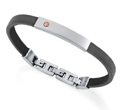 Pulsera de hombre de acero y piel negra con tornillo de oro rosa 9k