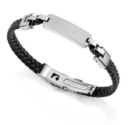 Pulsera de hombre de acero e Ip negro con piel trenzada negra y placa