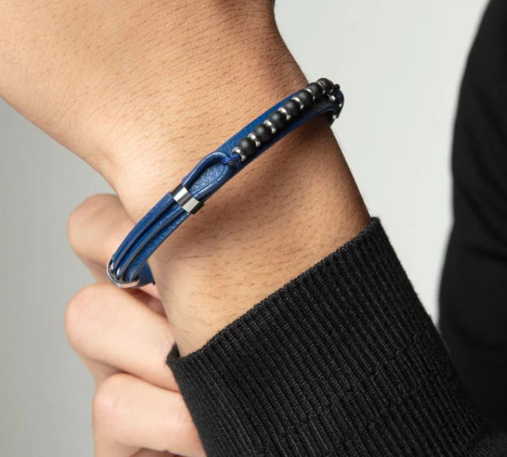 Pulsera de hombre de acero y piel azul - Imagen 2