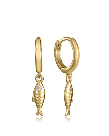 Pendientes colgantes de plata de ley con baño de oro y diseño de pez con circonita cúbica blanca. Longitud: 2,4 cm.
