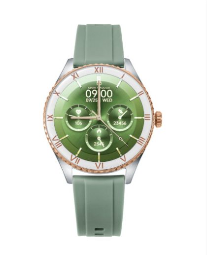 Reloj Smart de metal bitono en acero e Ip rosa con correa silicona verde
