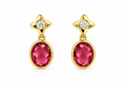 "ROSS" Pendientes de Plata Bañada en Oro con Piedra Rojo Rosado